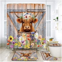 4 Piece Farmhouse Highland Cow Shower Curtain Set with Rugs, Toilet Lid Cover ,Spring Colorful Wildflower Sunflower Funny Baby Bull Bucket on Barn Door Wooden Plank Bathroom Shower Curtain with Hooks