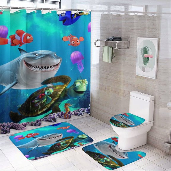 4 Piece Finding Ne-m Shower Curtain Sets, with 12 Hooks Non-Slip Rugs Toilet Lid Cover and Bath Mat for Bathroom Decor Set 72in