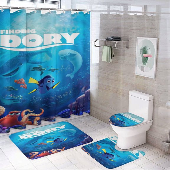 4 Piece Finding Ne-m Shower Curtain Sets, with 12 Hooks Non-Slip Rugs Toilet Lid Cover and Bath Mat for Bathroom Decor Set 72in