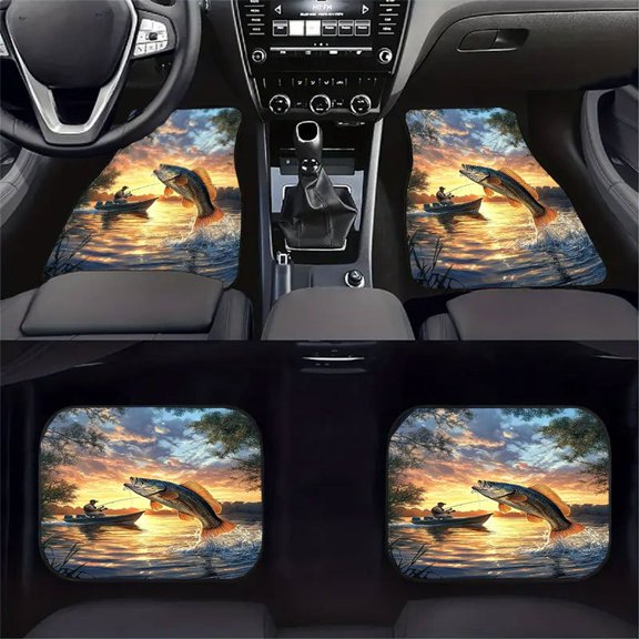 4-Piece Fishing Trout Salmon Car Floor Mats, Universal Fit Auto Floor Liners For Cars Trucks Suvs, Anti-Slip All-Weather Interior Protection, Easy Clean Set