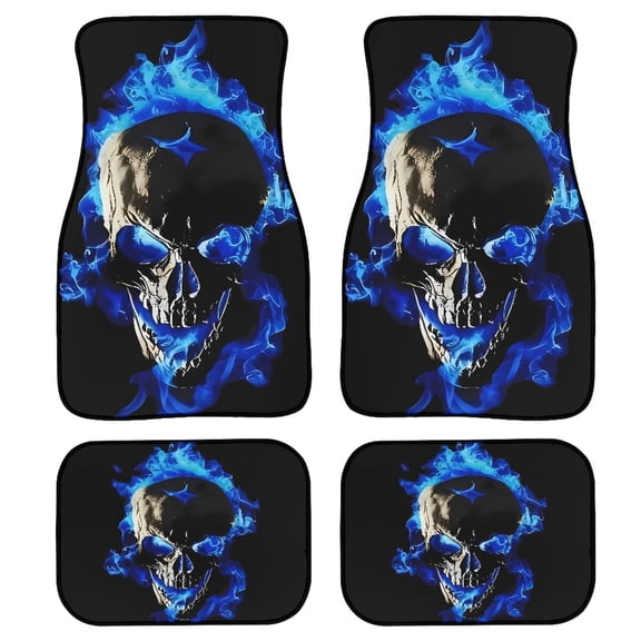 4-Piece Flame Skull Cat Car Floor Mats, Universal Fit Auto Floor Liners for Cars Trucks Suvs, Anti-Slip All-Weather Interior Protection, Easy Clean Set