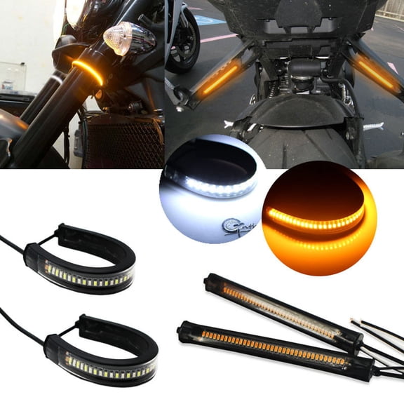 4 Piece Flex Motorcycle LED Light Bar Bi-Color Amber Turn Signal Daytime DRL Lights -