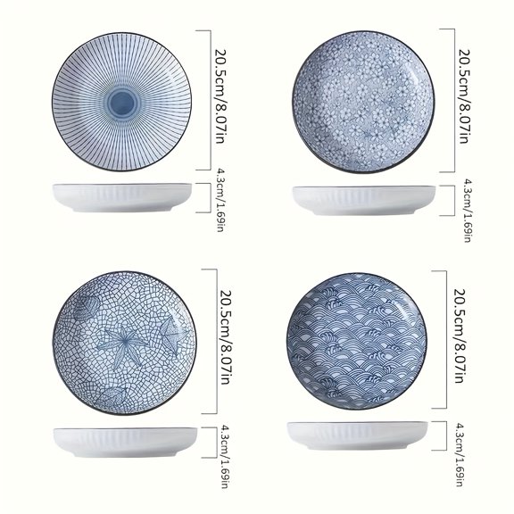 4 Piece Floral Ceramic 7 Inch Deep Serving Plates Non Slip Edge Underglaze Color Daily Use