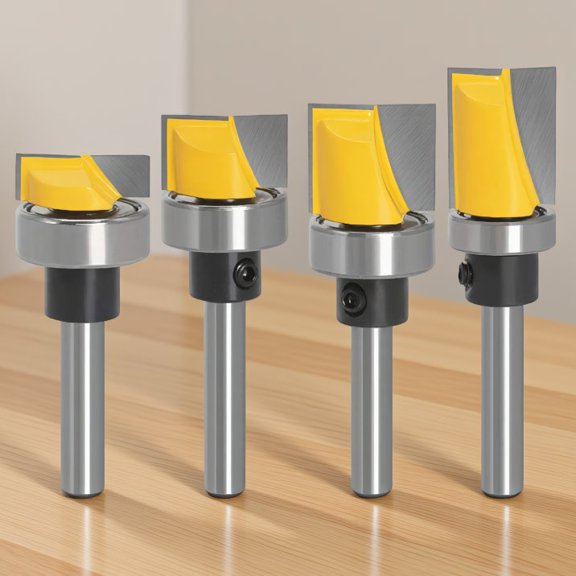 4-Piece Flush Trim Router Bit Set, 1/4" Shank Carbide Bearing, Template Routing for Wood Plywood Particle Board