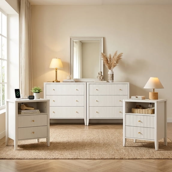 4-Piece Fluted Bedroom Furniture Set, 2 Nightstands with Charging Station & 2 Dressers, Modern Wood Bedroom Set with Drawers and Metal Handles for Bedroom, Apartment, Small Spaces,Alabaster White