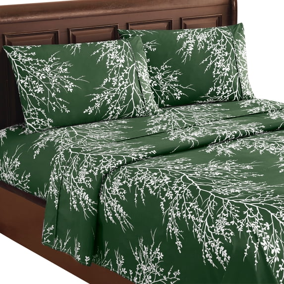 Collections Etc 4-Piece Foliage Bed Sheets and Pillowcases Set | Graceful Branch Design | Fitted Sheet, Flat Sheet, Pillowcases | Machine Wash, Polyester