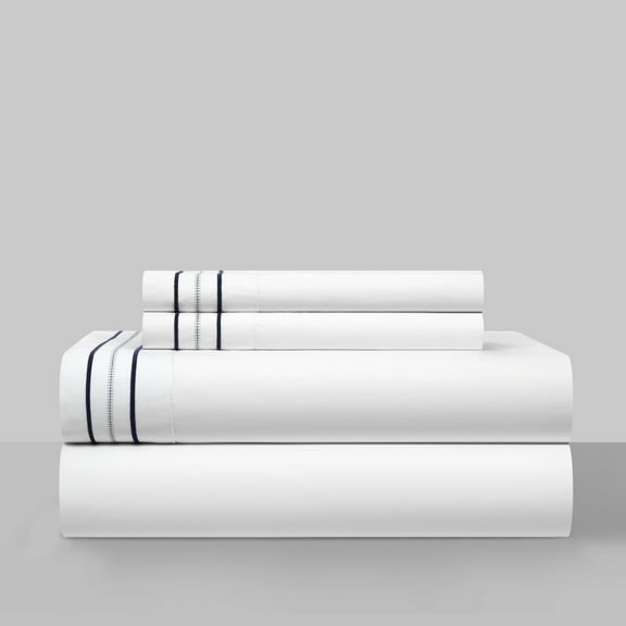 4 Piece Freeya Organic Cotton Sheet Set Solid White With Dual Stripe Embroidery