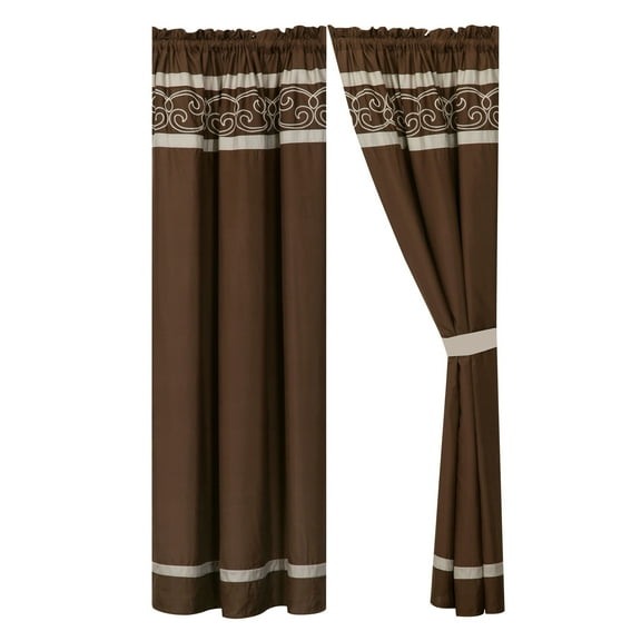 4-Piece Freya Curtain Set Drape Sheer Liner|Scroll Embroidery Stripe|Rod Pocket|Brown Taupe