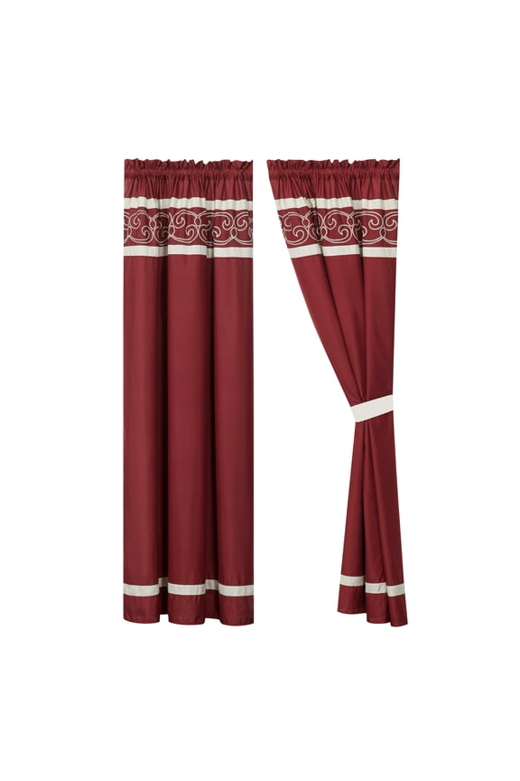 4-Piece Freya Curtain Set Drape Sheer Liner|Scroll Embroidery Stripe|Rod Pocket|Burgundy Beige