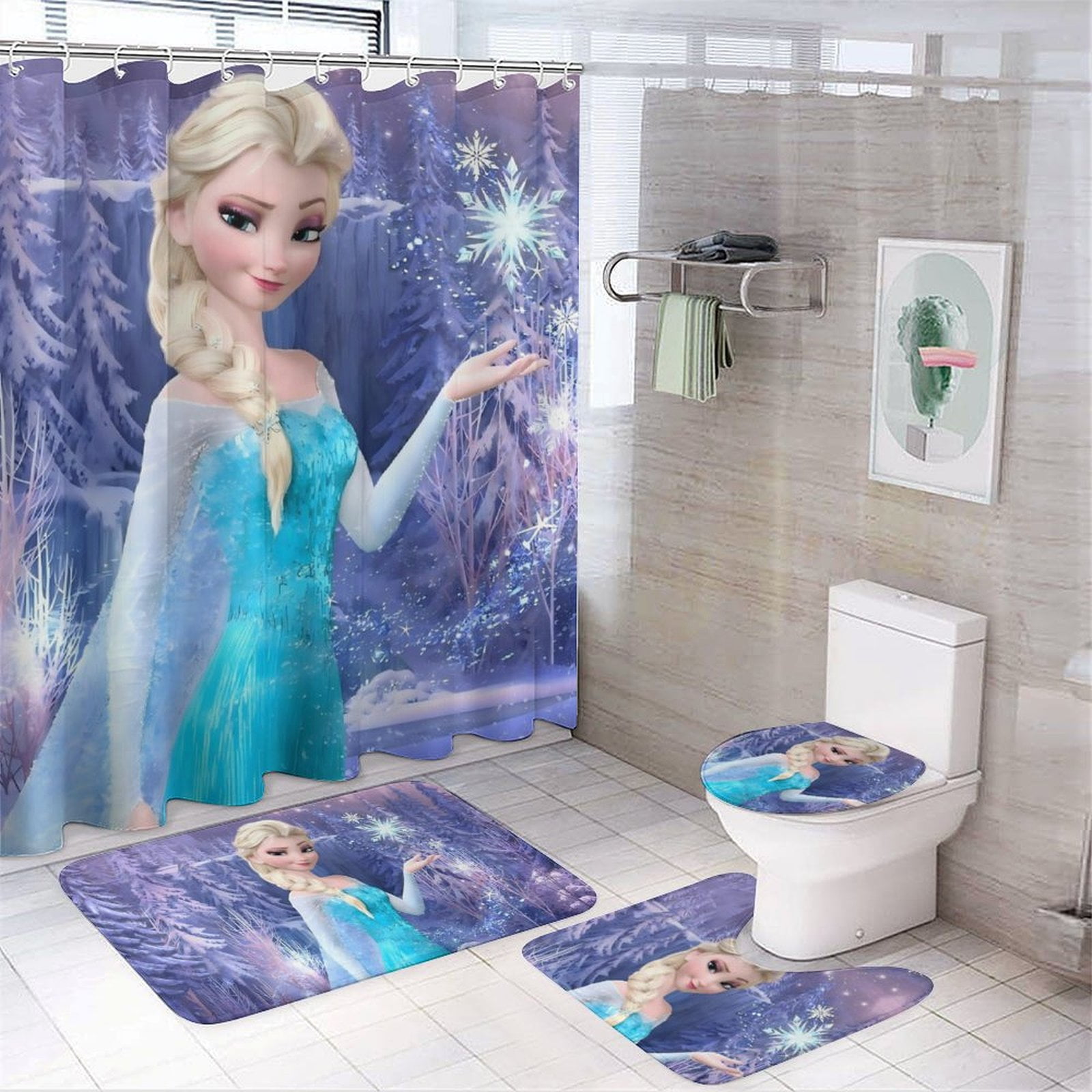 Piece Frozen Shower Curtain Set with Non-Slip Rugs, Toilet Lid