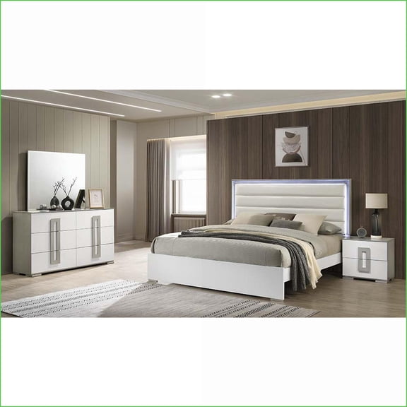 4-Piece Full Contemporary Wood Bedroom Set with LED Headboard, White & Light Gray | Wood | Double Dressers