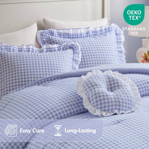 4 Piece Full Queen Comforter Set Ruffle Edge Gingham Print Soft Microfiber Breathable All Season Blue