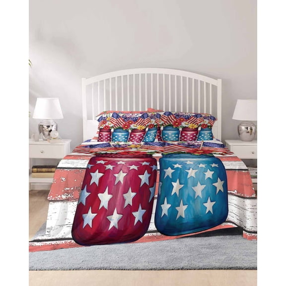 4 Piece Full Sheet Set 4th of July Sheets Set for Full Size Bed, Breathable Soft Microfiber Bed Sheets Cooling Independence Day Red Striped Floral Fitted Sheet Deep Pocket, Pillowcases
