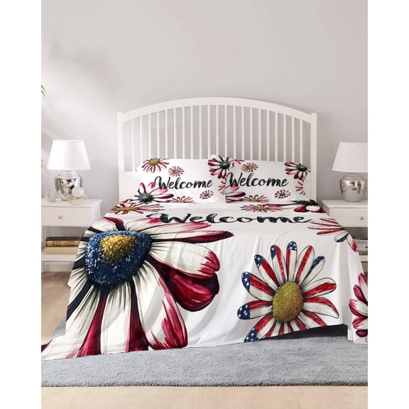 4 Piece Full Sheet Set 4th of July Sheets Set for Full Size Bed, Breathable Soft Microfiber Bed Sheets Cooling Red White Spring Floral Daisy Independence Day Fitted Sheet Deep Pocket, Pillowcases