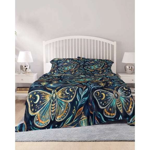 4 Piece Full Sheet Set Abstract Butterfly Sheets Set for Full Size Bed, Breathable Soft Microfiber Bed Sheets Cooling Botanical Watercolor Moon Stars Leaf Fitted Sheet Deep Pocket, Pillowcases