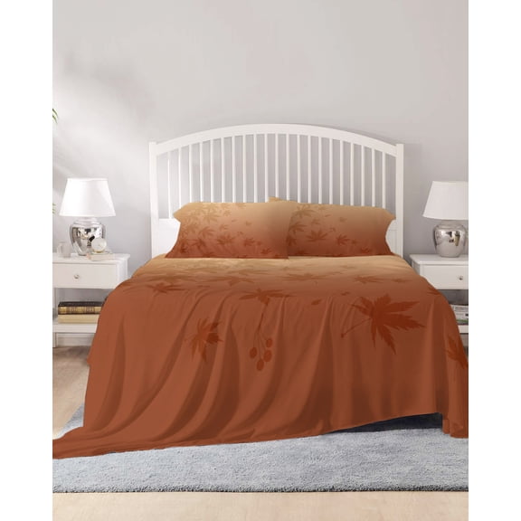 4 Piece Full Sheet Set Autumn Maple Leaf Sheets Set for Full Size Bed, Breathable Soft Microfiber Bed Sheets Cooling Gradient Brown Fallen Fruit Leaves Fitted Sheet Deep Pocket, Pillowcases