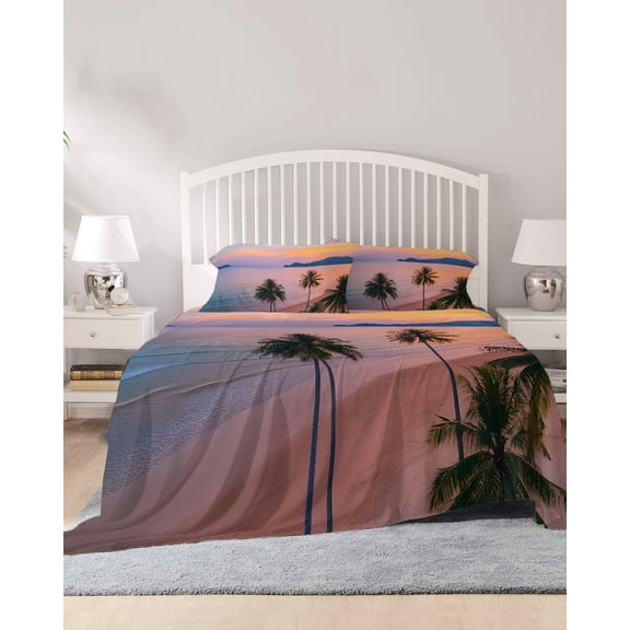 4 Piece Full Sheet Set Beach Sheets Set for Full Size Bed, Breathable Soft Microfiber Bed Sheets Cooling Palm Tree Ocean Sunset Nature Sky Cloud Scenery Fitted Sheet Deep Pocket, Pillowcases