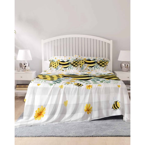 4 Piece Full Sheet Set Bee Love Sheets Set for Full Size Bed, Breathable Soft Microfiber Bed Sheets Cooling Daisy Eucalyptus Leaves Rustic Gray Plaid Fitted Sheet Deep Pocket, Pillowcases
