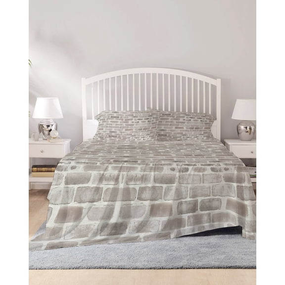 4 Piece Full Sheet Set Beige Brick Wall Sheets Set for Full Size Bed, Breathable Soft Microfiber Bed Sheets Cooling Retro Country Stone Rocks Geometric Print Fitted Sheet Deep Pocket, Pillowcases