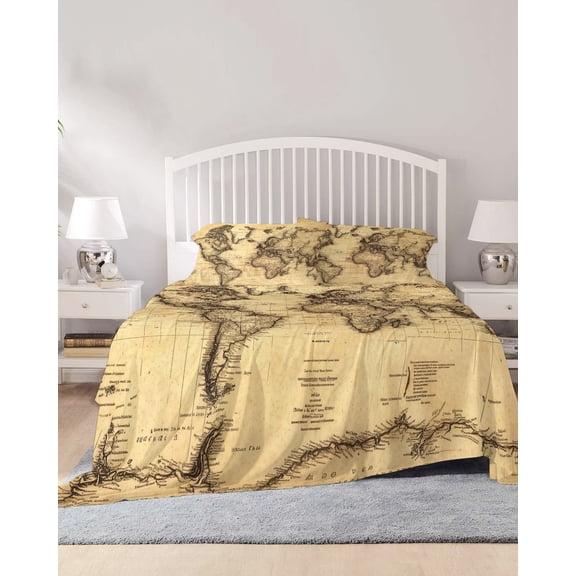 4 Piece Full Sheet Set Beige Map Sheets Set for Full Size Bed, Breathable Soft Microfiber Bed Sheets Cooling Retro Farmhouse Abstract Illustration Art Fitted Sheet Deep Pocket, Pillowcases