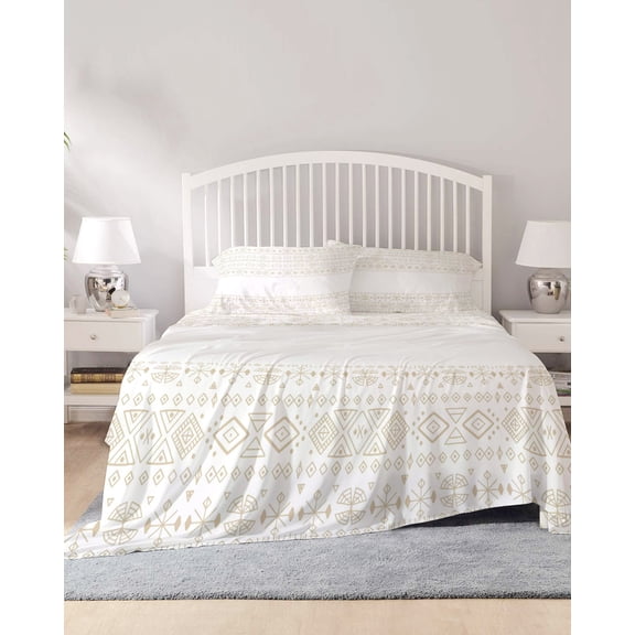4 Piece Full Sheet Set Beige White Boho Sheets Set for Full Size Bed, Breathable Soft Microfiber Bed Sheets Cooling Vintage Ethnic Tribe Abstract Art Fitted Sheet Deep Pocket, Pillowcases