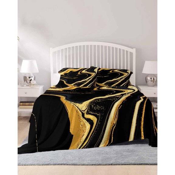 4 Piece Full Sheet Set Black Gold Marble Sheets Set for Full Size Bed, Breathable Soft Microfiber Bed Sheets Cooling Modern Geometric Textured Fitted Sheet Deep Pocket, Pillowcases