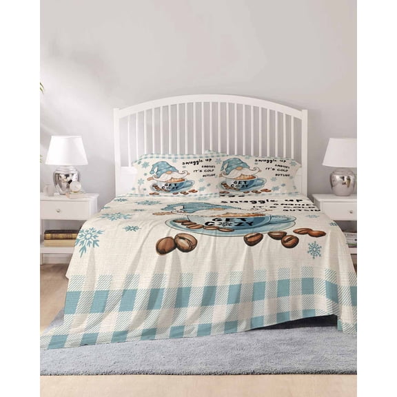 4 Piece Full Sheet Set Blue Gnomes Sheets Set for Full Size Bed, Breathable Soft Microfiber Bed Sheets Cooling Coffee Snowflake Winter Checkered Rustic Fitted Sheet Deep Pocket, Pillowcases