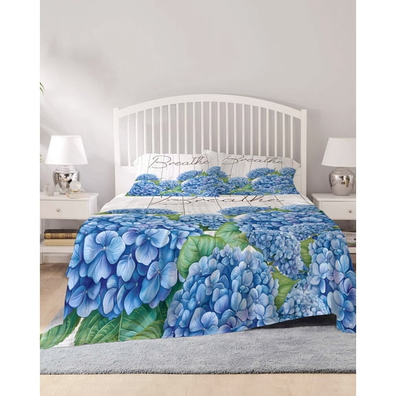 4 Piece Full Sheet Set Blue Hydrangeas Floral Sheets Set for Full Size Bed, Breathable Soft Microfiber Bed Sheets Cooling Spring Summer Flower Wooden Grain Fitted Sheet Deep Pocket, Pillowcases
