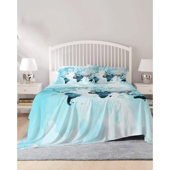 4 Piece Full Sheet Set Blue Maps Sheets Set for Full Size Bed, Breathable Soft Microfiber Bed Sheets Cooling Abstract World Map Ocean Modern Fitted Sheet Deep Pocket, Pillowcases