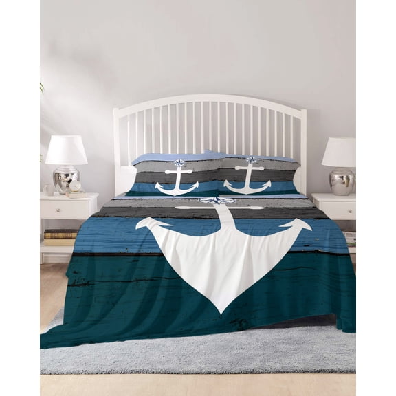 4 Piece Full Sheet Set Blue Nautical Anchor Sheets Set for Full Size Bed, Breathable Soft Microfiber Bed Sheets Cooling Rustic Distressed Wood Grain Fitted Sheet Deep Pocket, Pillowcases