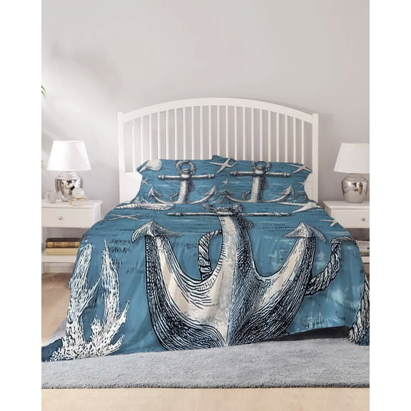 4 Piece Full Sheet Set Blue Nautical Anchor Sheets Set for Full Size Bed, Breathable Soft Microfiber Bed Sheets Cooling Summer Coastal Ocean Starfish Shell Fitted Sheet Deep Pocket, Pillowcases