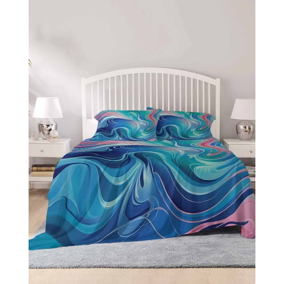 4 Piece Full Sheet Set Blue Pink Ombre Sheets Set for Full Size Bed, Breathable Soft Microfiber Bed Sheets Cooling Modern Abstract Art Fitted Sheet Deep Pocket, Pillowcases