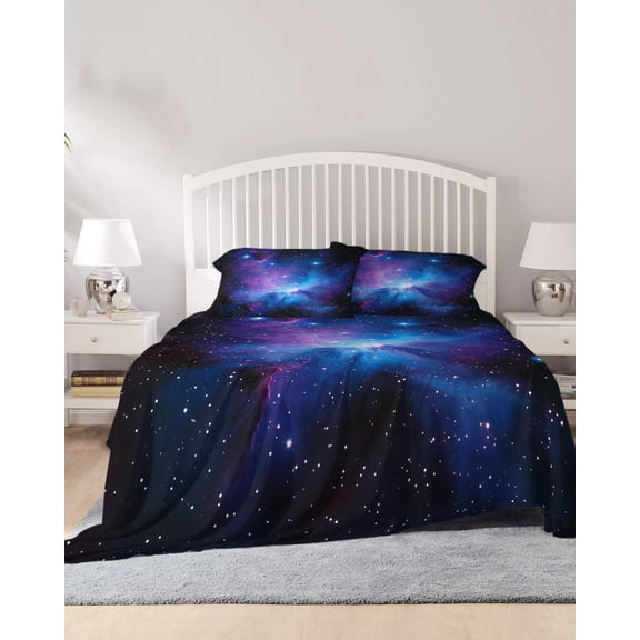 4 Piece Full Sheet Set Blue Purple Clouds Sheets Set for Full Size Bed, Breathable Soft Microfiber Bed Sheets Cooling Modern Abstract Stars Sky Fitted Sheet Deep Pocket, Pillowcases