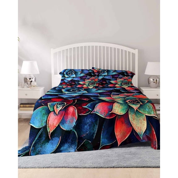 4 Piece Full Sheet Set Blue Red Succulent Sheets Set for Full Size Bed, Breathable Soft Microfiber Bed Sheets Cooling Abstract Retro Botanical Fitted Sheet Deep Pocket, Pillowcases