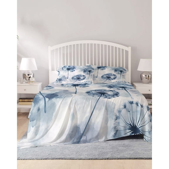 4 Piece Full Sheet Set Blue Spring Floral Sheets Set for Full Size Bed, Breathable Soft Microfiber Bed Sheets Cooling Country Summer Botanical Fitted Sheet Deep Pocket, Pillowcases