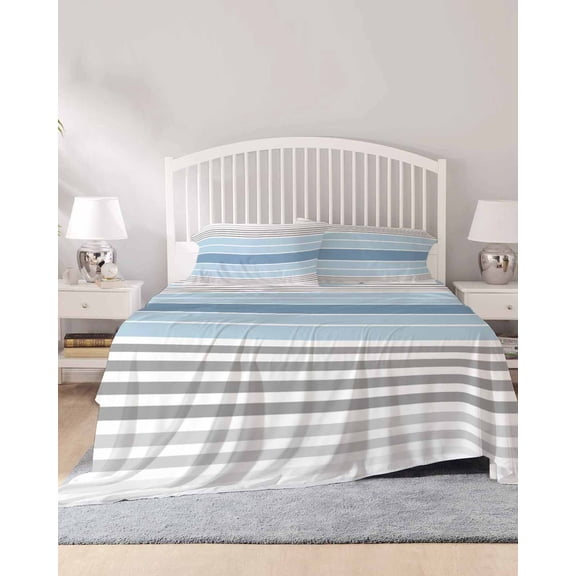 4 Piece Full Sheet Set Blue Striped Sheets Set for Full Size Bed, Breathable Soft Microfiber Bed Sheets Cooling Modern Minimalist Gradient Lines Aesthetic Fitted Sheet Deep Pocket, Pillowcases