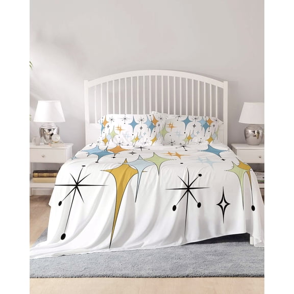 4 Piece Full Sheet Set Blue Yellow Diamond Sheets Set for Full Size Bed, Breathable Soft Microfiber Bed Sheets Cooling Modern Geometric Middle Century Fitted Sheet Deep Pocket, Pillowcases
