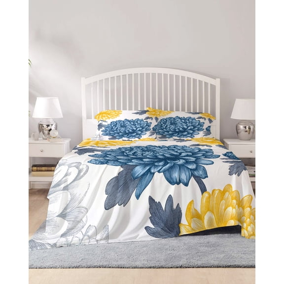 4 Piece Full Sheet Set Blue Yellow Floral Spring Sheets Set for Full Size Bed, Breathable Soft Microfiber Bed Sheets Cooling Elegant Botanical Summer Fitted Sheet Deep Pocket, Pillowcases