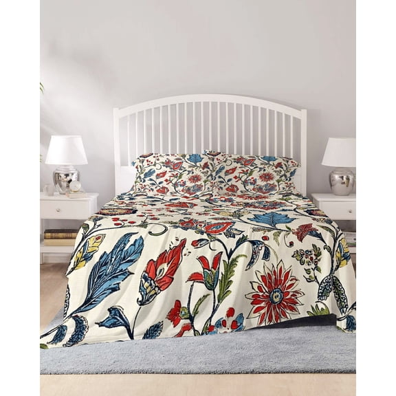 4 Piece Full Sheet Set Boho Floral Sheets Set for Full Size Bed, Breathable Soft Microfiber Bed Sheets Cooling Blue Red Flower Vintage Petals Branch Leaf Fitted Sheet Deep Pocket, Pillowcases