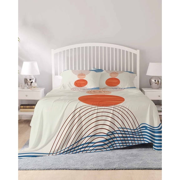 4 Piece Full Sheet Set Boho Geometric Sheets Set for Full Size Bed, Breathable Soft Microfiber Bed Sheets Cooling Modern Abstract Art Striped Circle Fitted Sheet Deep Pocket, Pillowcases