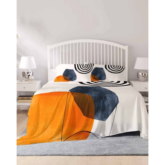 4 Piece Full Sheet Set Boho Geometric Sheets Set for Full Size Bed, Breathable Soft Microfiber Bed Sheets Cooling Modern Middle Century Abstract Striped Fitted Sheet Deep Pocket, Pillowcases
