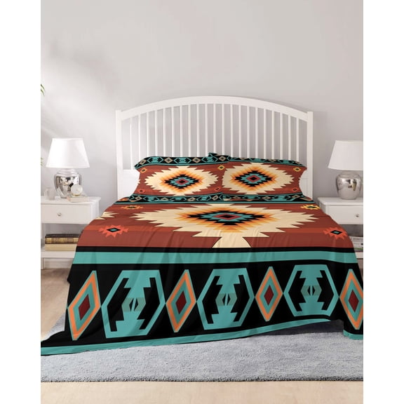 4 Piece Full Sheet Set Boho Sheets Set for Full Size Bed, Breathable Soft Microfiber Bed Sheets Cooling Brown Turquoise Abstract Tribal Ethnic Geometric Fitted Sheet Deep Pocket, Pillowcases