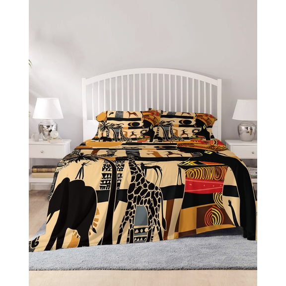 4 Piece Full Sheet Set Boho Sheets Set for Full Size Bed, Breathable Soft Microfiber Bed Sheets Cooling Ethnic Nation Black Women Animals Palm Tree Fitted Sheet Deep Pocket, Pillowcases