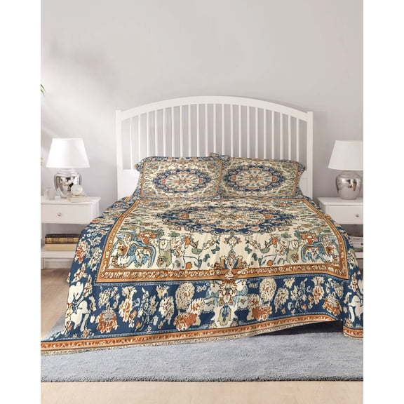 4 Piece Full Sheet Set Boho Southwestern Sheets Set for Full Size Bed, Breathable Soft Microfiber Bed Sheets Cooling Heritage Antique Country Blue Fitted Sheet Deep Pocket, Pillowcases