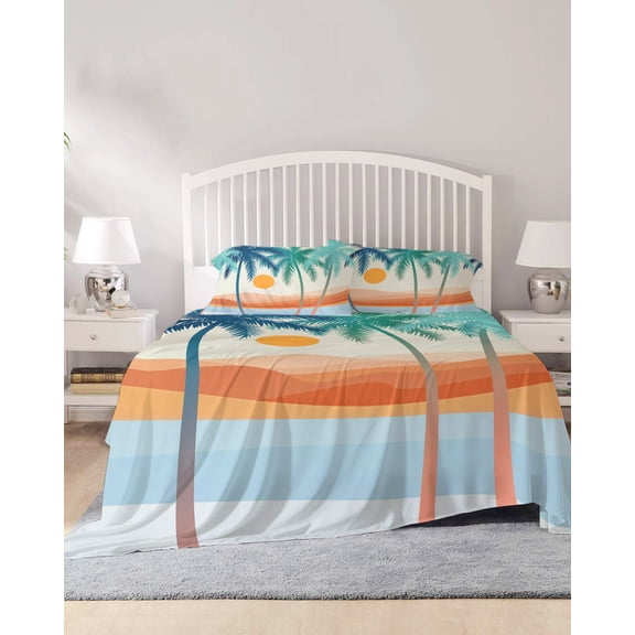 4 Piece Full Sheet Set Boho Summer Beach Sheets Set for Full Size Bed, Breathable Soft Microfiber Bed Sheets Cooling Abstract Tropical Palm Trees Watercolor Fitted Sheet Deep Pocket, Pillowcases