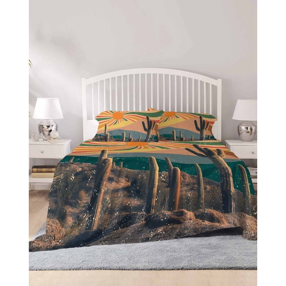 4 Piece Full Sheet Set Boho Tropical Cactus Sheets Set for Full Size Bed, Breathable Soft Microfiber Bed Sheets Cooling Modern Abstract Art Summer Botanical Fitted Sheet Deep Pocket, Pillowcases
