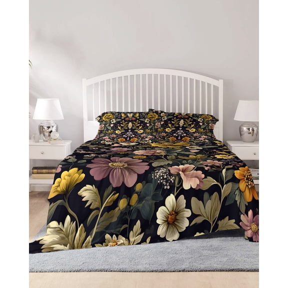 4 Piece Full Sheet Set Botanicals Floral Sheets Set for Full Size Bed, Breathable Soft Microfiber Bed Sheets Cooling Garden Seasonal Botanical Blooms Fitted Sheet Deep Pocket, Pillowcases