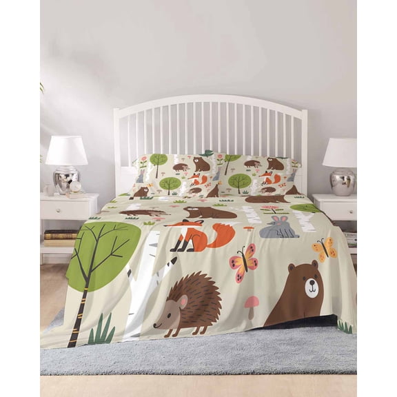 4 Piece Full Sheet Set Brown Bears Sheets Set for Full Size Bed, Breathable Soft Microfiber Bed Sheets Cooling Cartoon Cute Animals Foxes Hedgehogs Forest Fitted Sheet Deep Pocket, Pillowcases