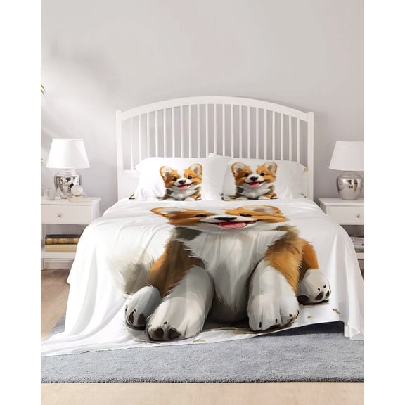 4 Piece Full Sheet Set Brown White Puppy Sheets Set for Full Size Bed, Breathable Soft Microfiber Bed Sheets Cooling Modern Cute Watercolor Dog Cartoon Fitted Sheet Deep Pocket, Pillowcases