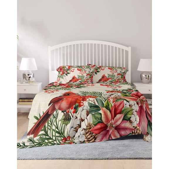 4 Piece Full Sheet Set Cardinal Bird Sheets Set for Full Size Bed, Breathable Soft Microfiber Bed Sheets Cooling Pine Cones Poinsettia Berry Floral Beige Fitted Sheet Deep Pocket, Pillowcases